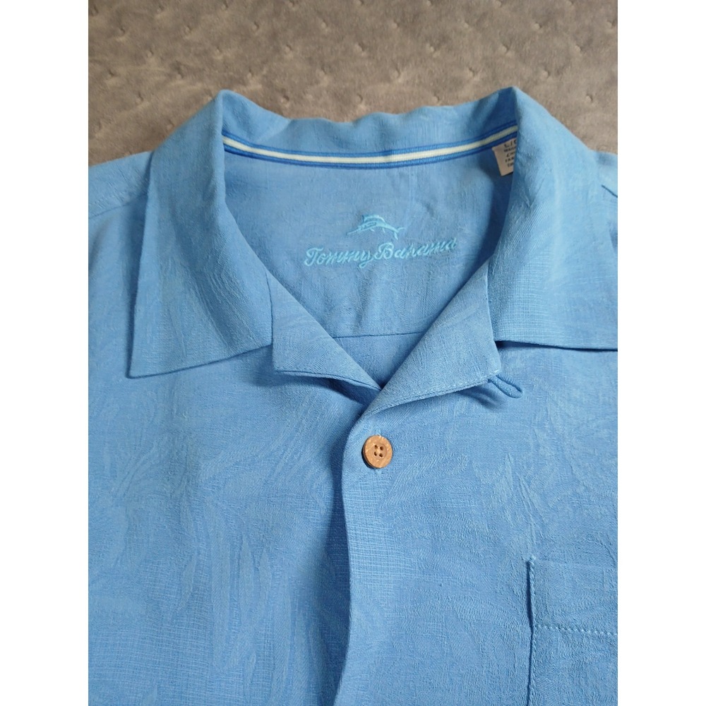Tommy Bahama Mens 100% Silk Tropical Leaf Jacquard Shirt Blue Large Short Sleeve - Picture 3 of 9